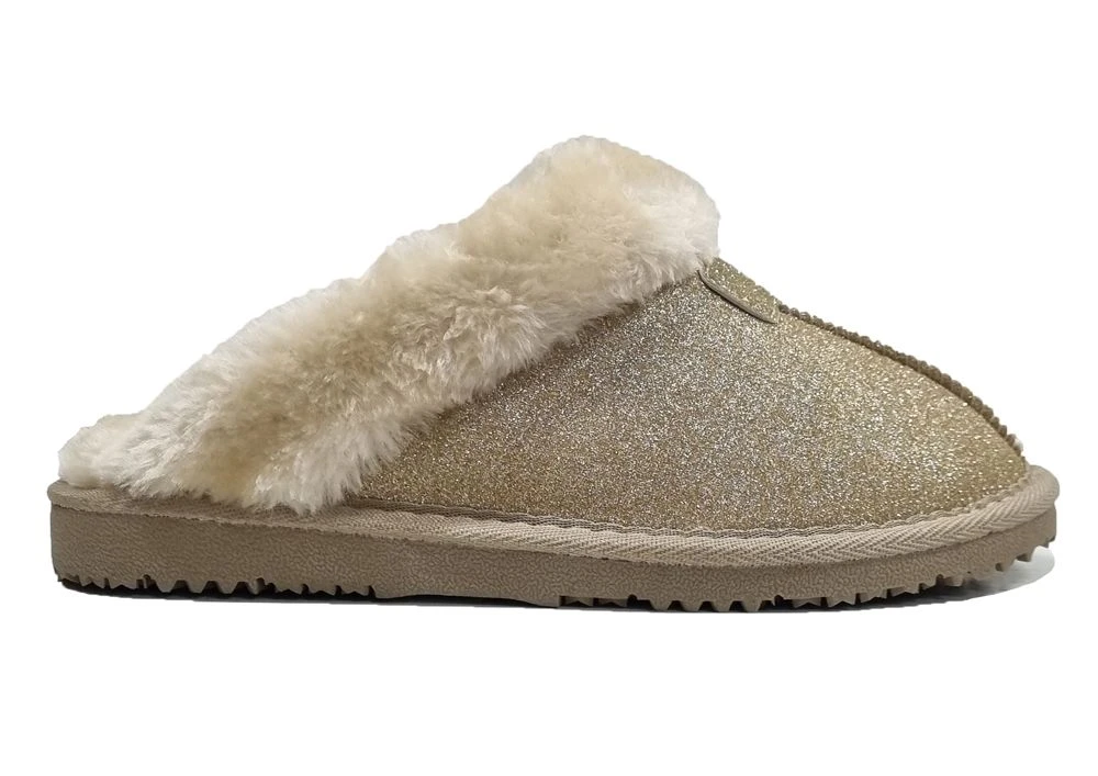 Ladies Ella Sparkle Faux Fur Lined Suedette Slippers Mules Memory Foam Vegan Gold 2 Ladies Ella Sparkle Faux Fur Lined Suedette Slippers Mules Memory Foam Vegan Gold - Image 2