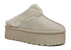 Trending Beige Aesthetic Platform Slippers Shoes Fur Mule Ladies Fashion Size