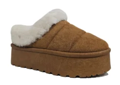 Trending Platform Fur Slippers Shoes Padded Chestnut Tan Ladies Size 3 4 5 6 7 8