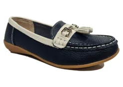Womens Leather Wide Fit Comfort Tassel Loafers Flat Summer Shoes Size 3 4 5 6 7 8 Navy