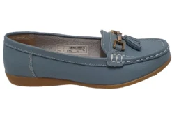 Womens Light Blue Leather Comfort Insole Summer Tassle Loafers Flat Shoes
